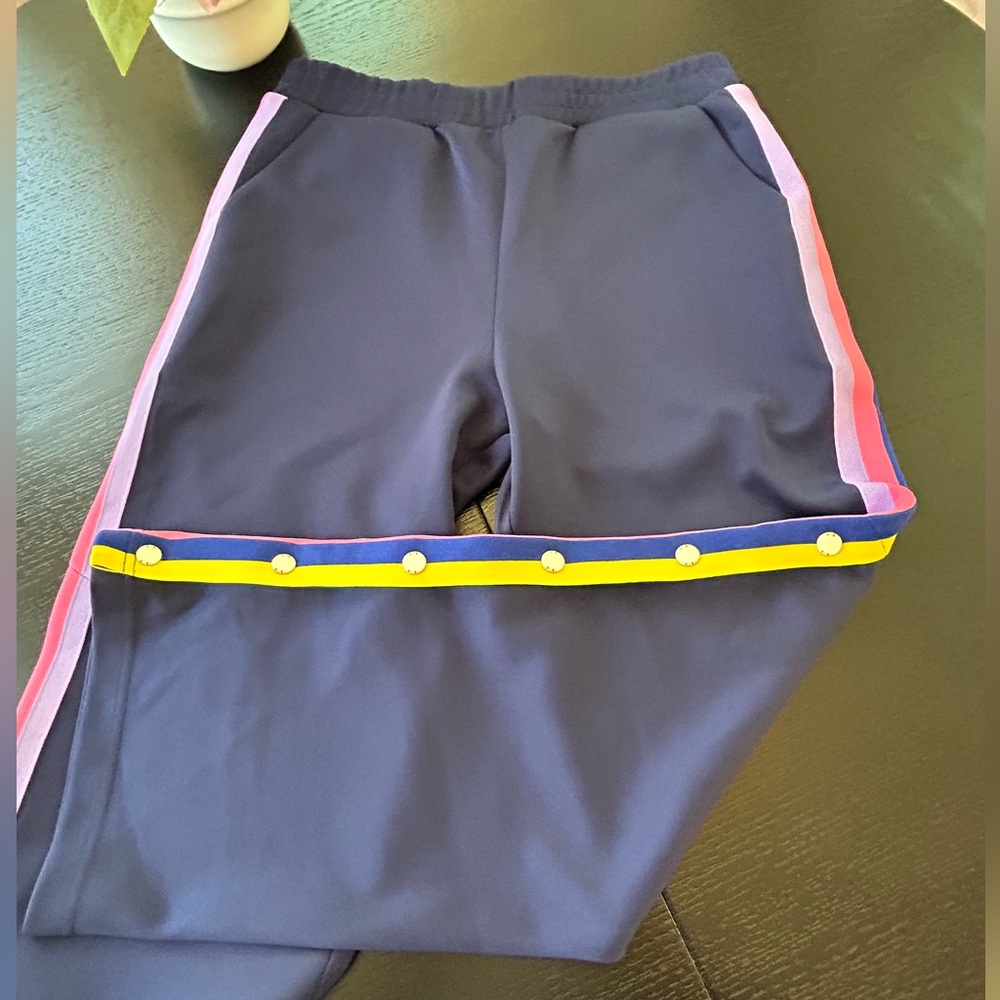 Mira Mikati Navy Wide leg Track Pants with Colorful Stripes & snaps, Size 10